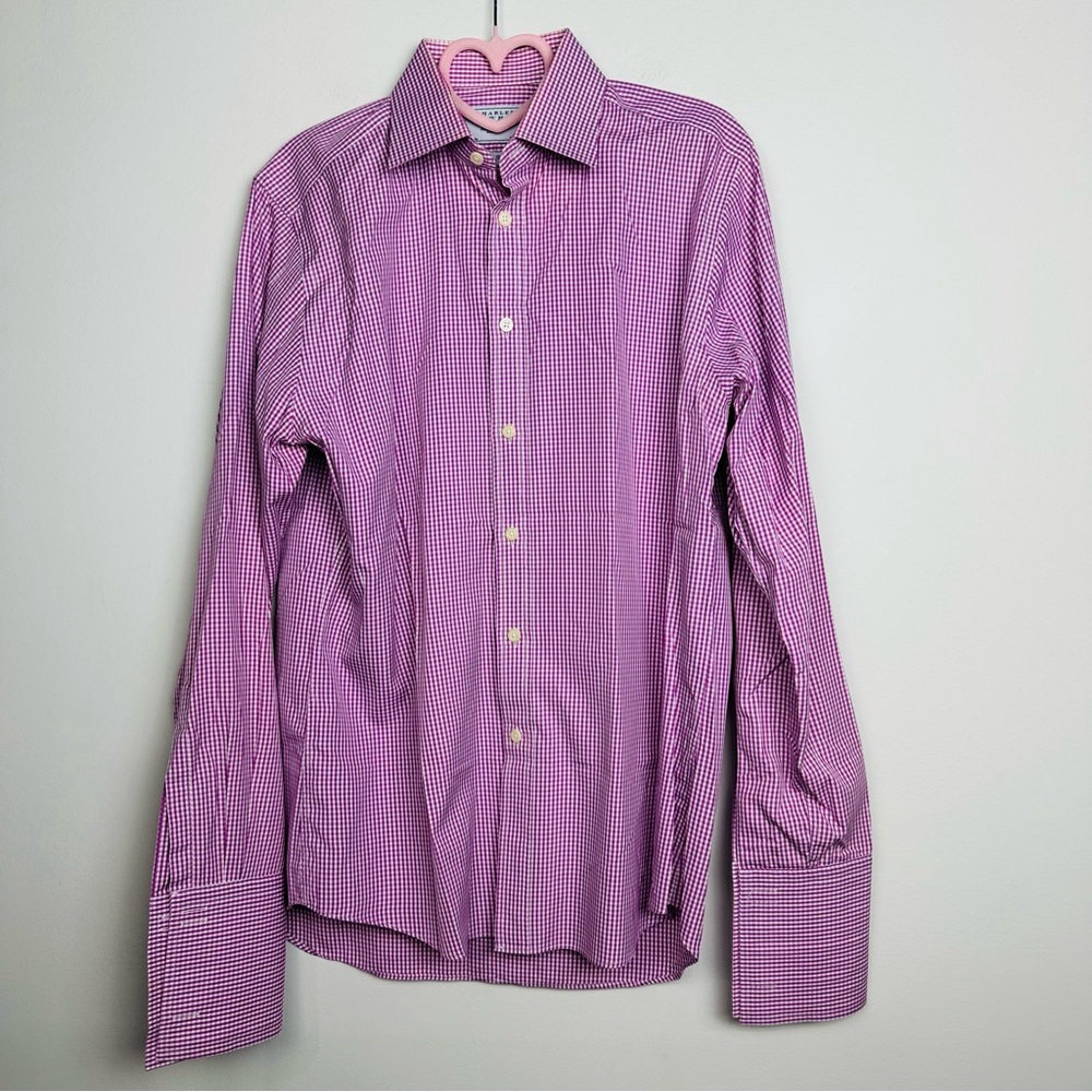 Charles Tyrwhitt Purple Gingham Long Sleeve Button Down Dress Shirt Size 15 1/2